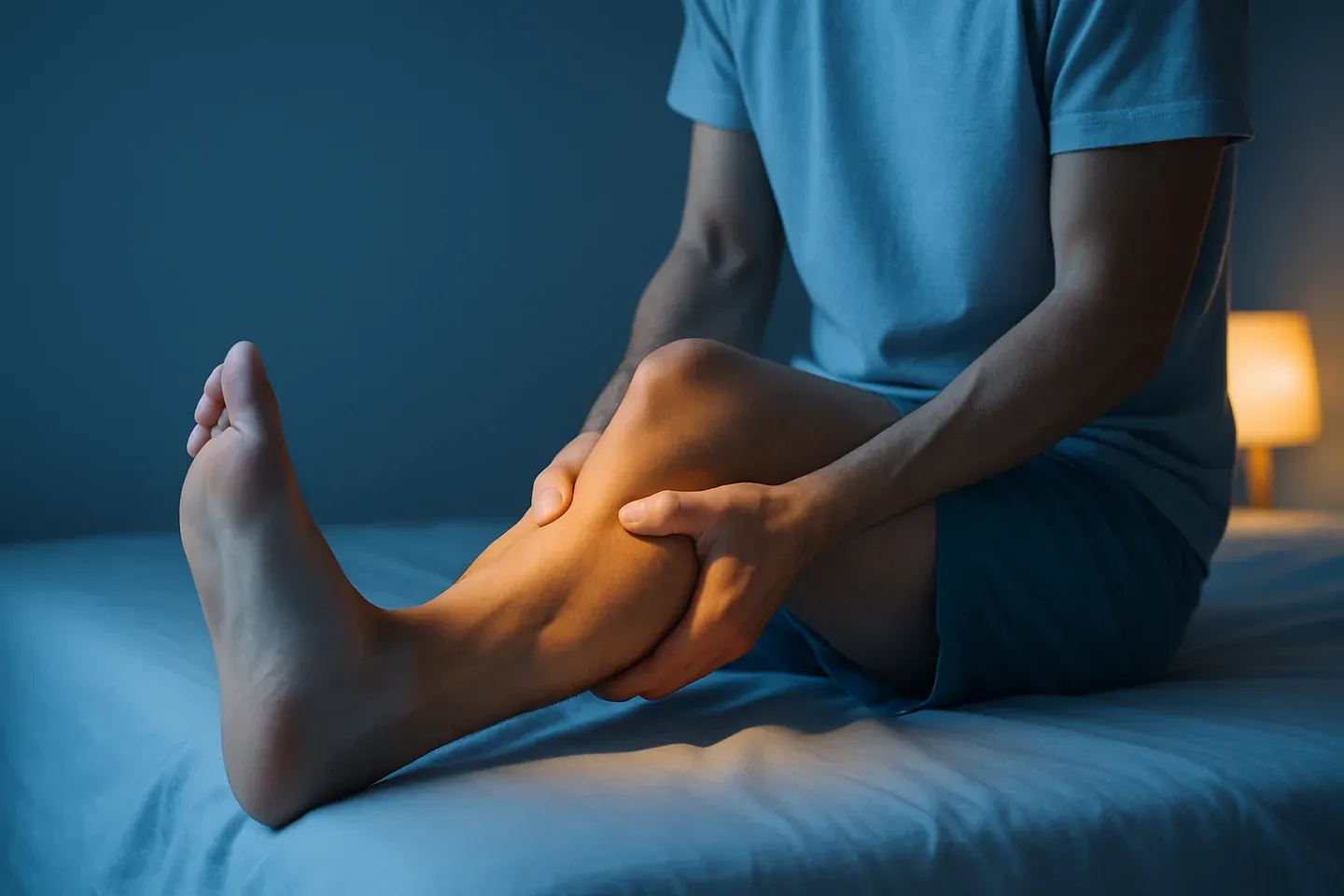 Calambre nocturno en la pantorrilla: las manos aprietan el músculo al filo de la cama con la lámpara del buró encendida