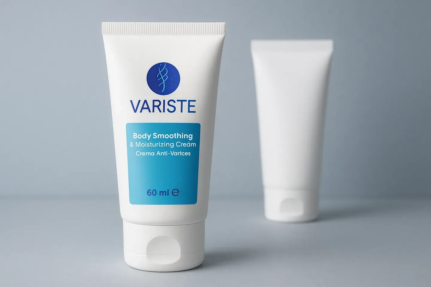 Tubo original de Variste de 60 ml al frente y, detrás, un tubo blanco sin marca ni etiqueta