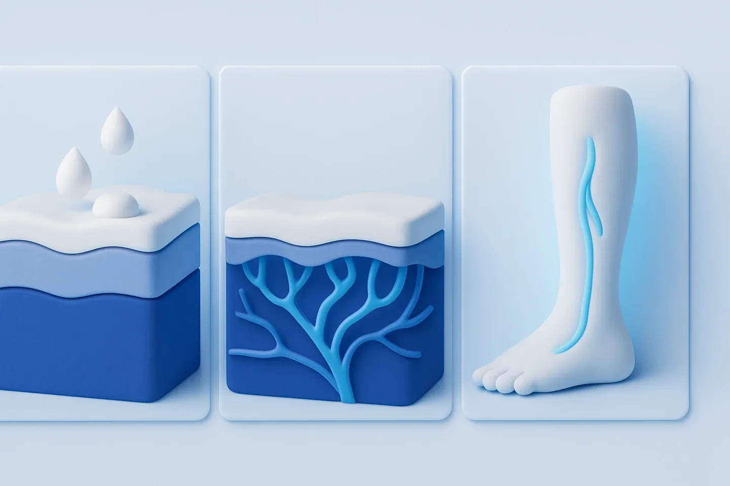 Tres etapas de Variste: la crema penetra la piel, la microcirculación se libera y la pierna descansa