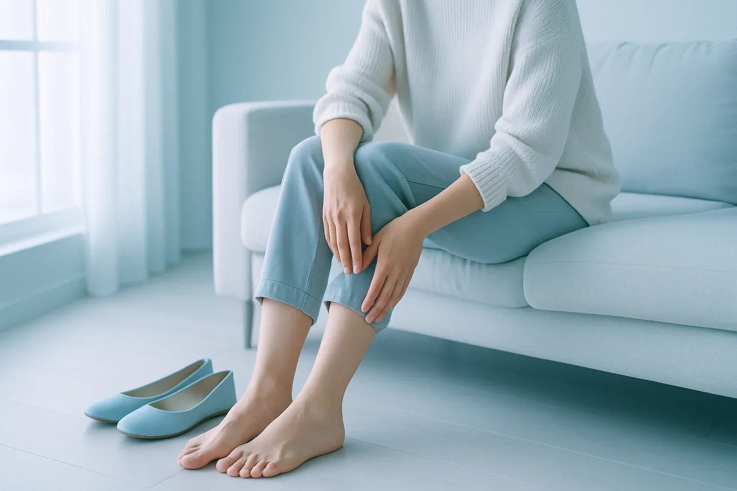 Piernas cansadas al terminar la jornada de pie: mujer sentada en el sillón con los zapatos quitados