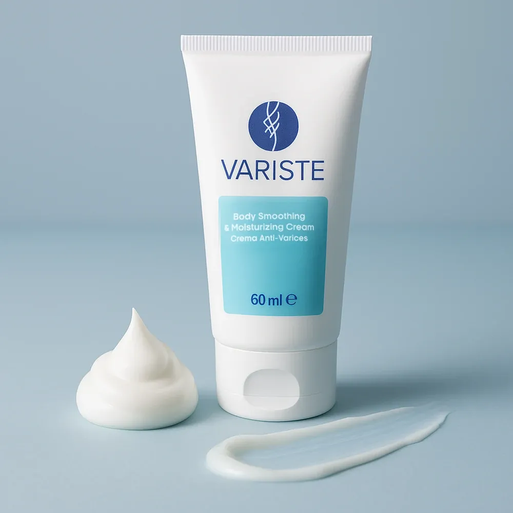 Textura blanca de la crema Variste junto al tubo de 60 ml sobre fondo azul claro