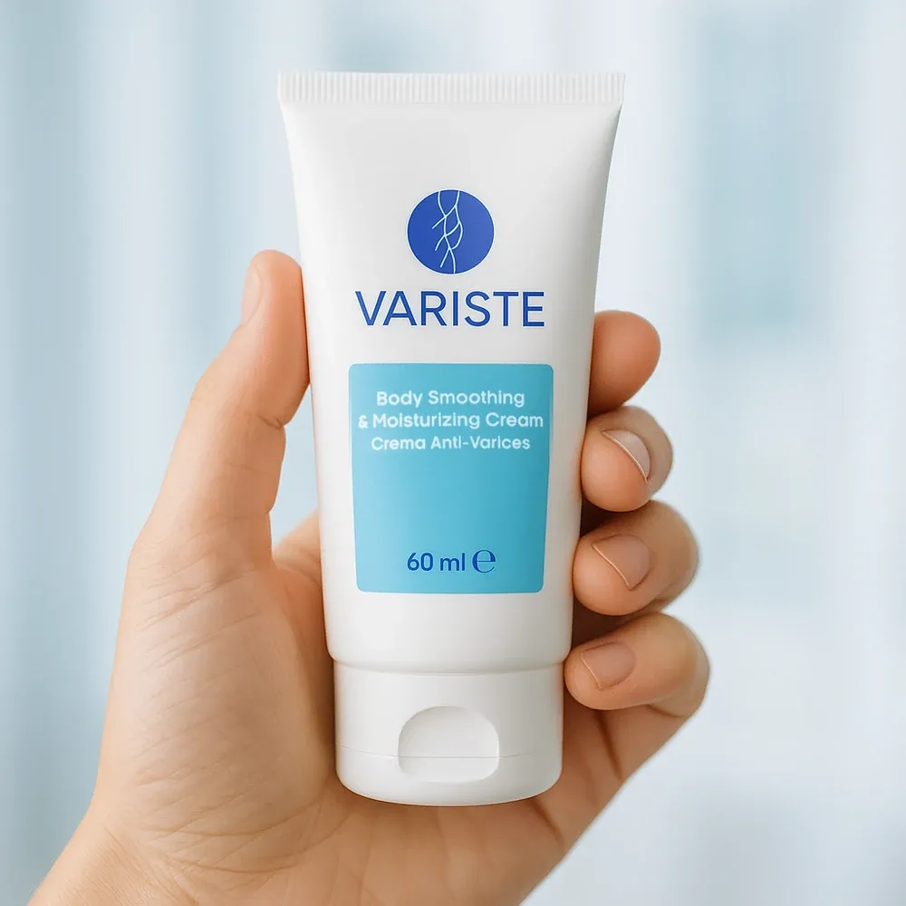 Mano sosteniendo el tubo de Variste, crema anti-várices de 60 ml
